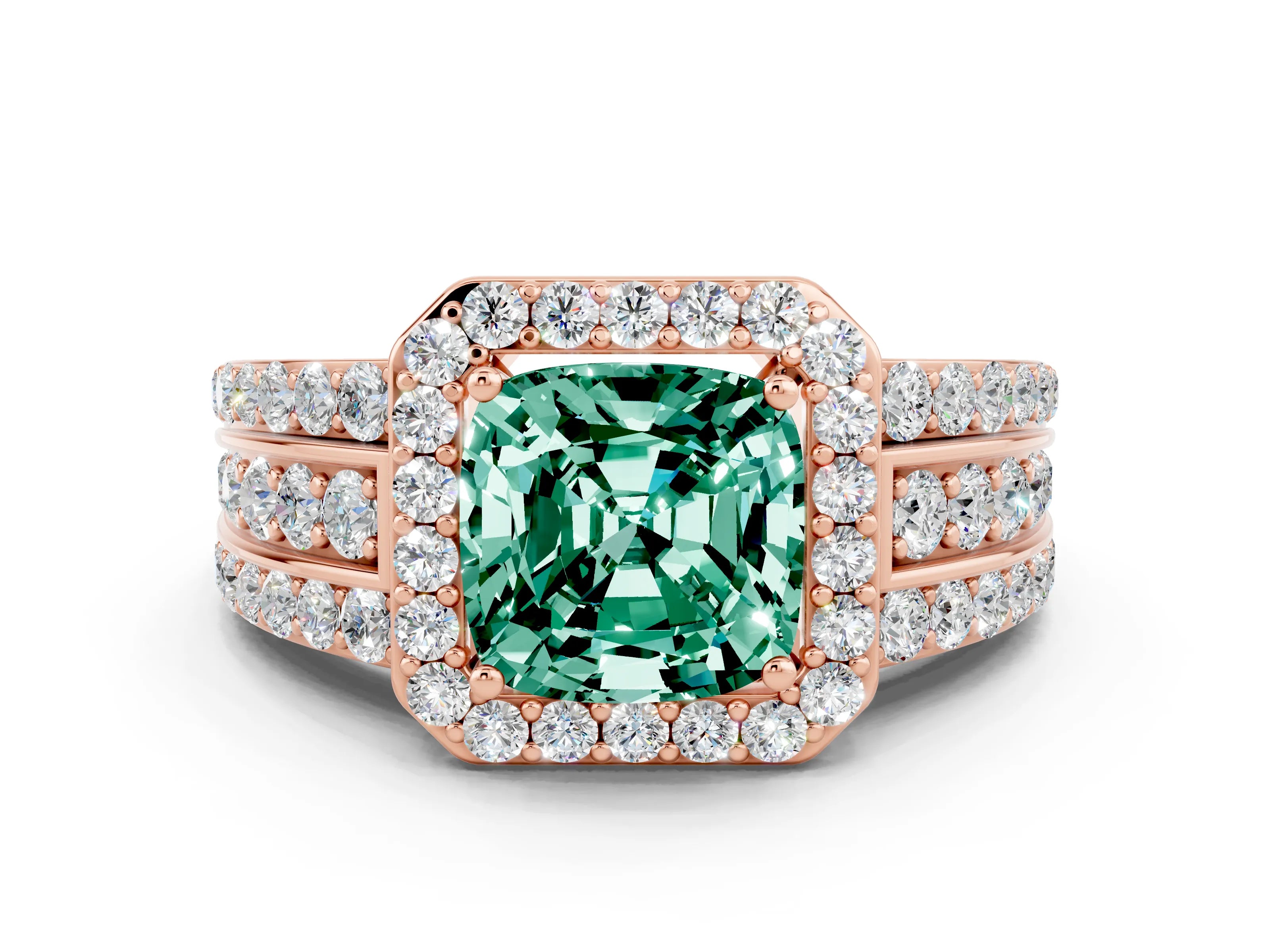 Rose gold Cushion Cut Halo Green Sapphire Ring with Split Shank and Four-Prong Setting