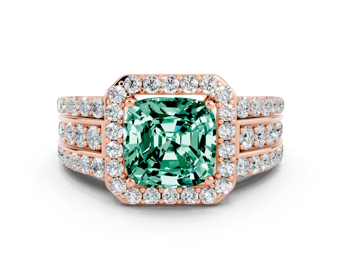 Rose gold Cushion Cut Halo Green Sapphire Ring with Split Shank and Four-Prong Setting