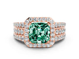 Rose gold Cushion Cut Halo Green Sapphire Ring with Split Shank and Four-Prong Setting