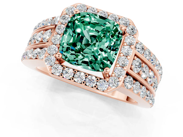 Rose gold Cushion Cut Halo Green Sapphire Ring with Round  Split Shank and Prong Setting