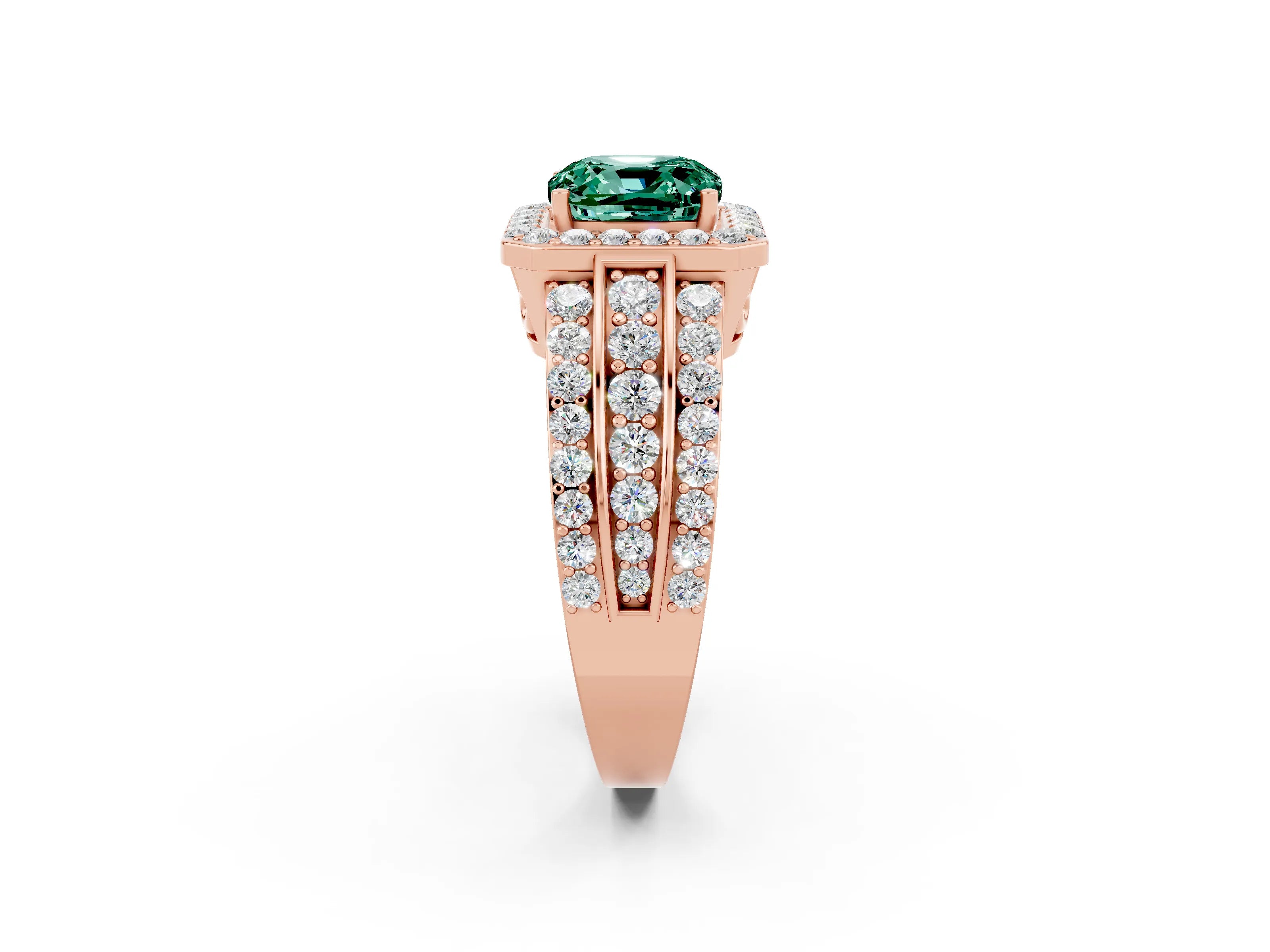 Rose gold Cushion Cut Halo Green Sapphire Ring with Split Shank and Four-Prong Setting_2