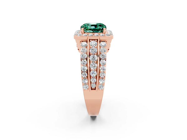 Rose gold Cushion Cut Halo Green Sapphire Ring with Round  Split Shank and Prong Setting