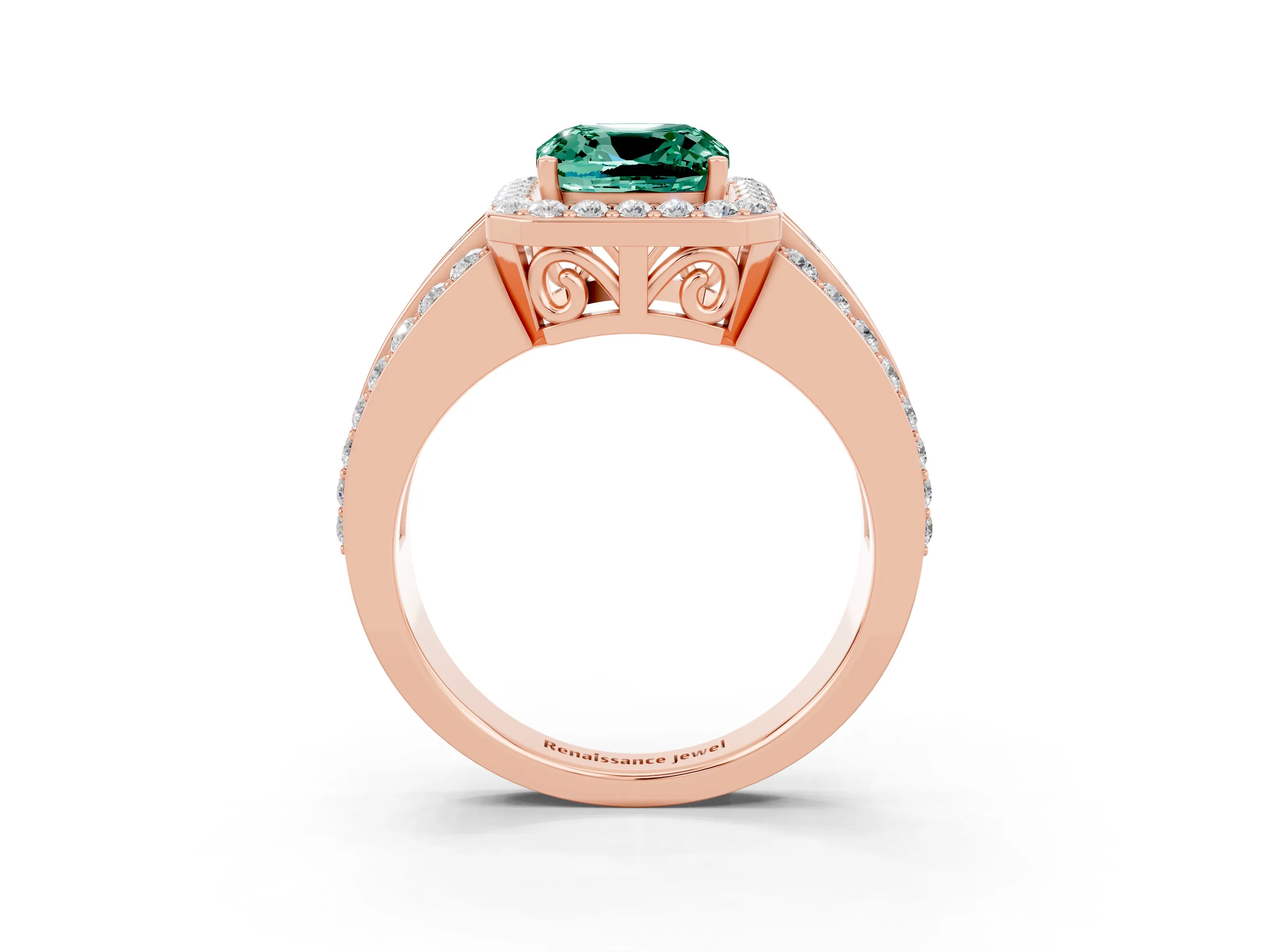 Rose gold Cushion Cut Halo Green Sapphire Ring with Split Shank and Four-Prong Setting_3