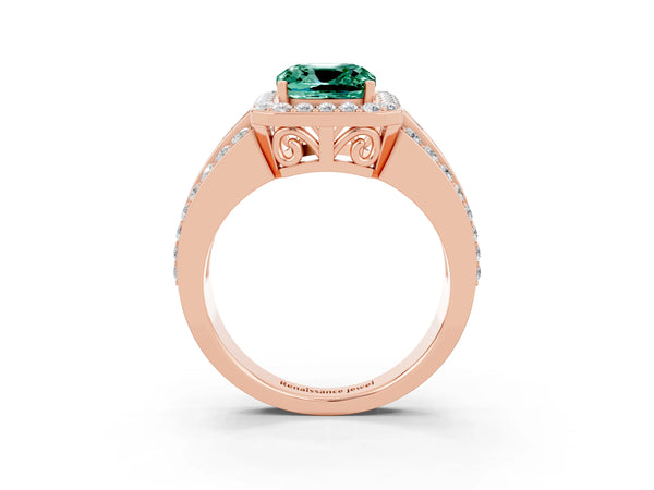 Rose gold Cushion Cut Halo Green Sapphire Ring with Round  Split Shank and Prong Setting