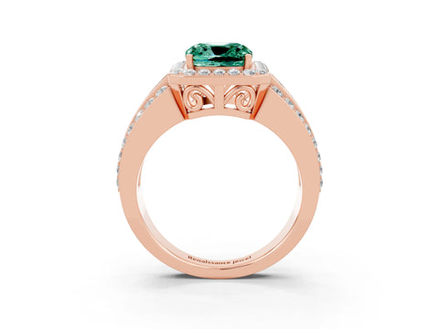 Rose gold Cushion Cut Halo Green Sapphire Ring with Split Shank and Four-Prong Setting_3