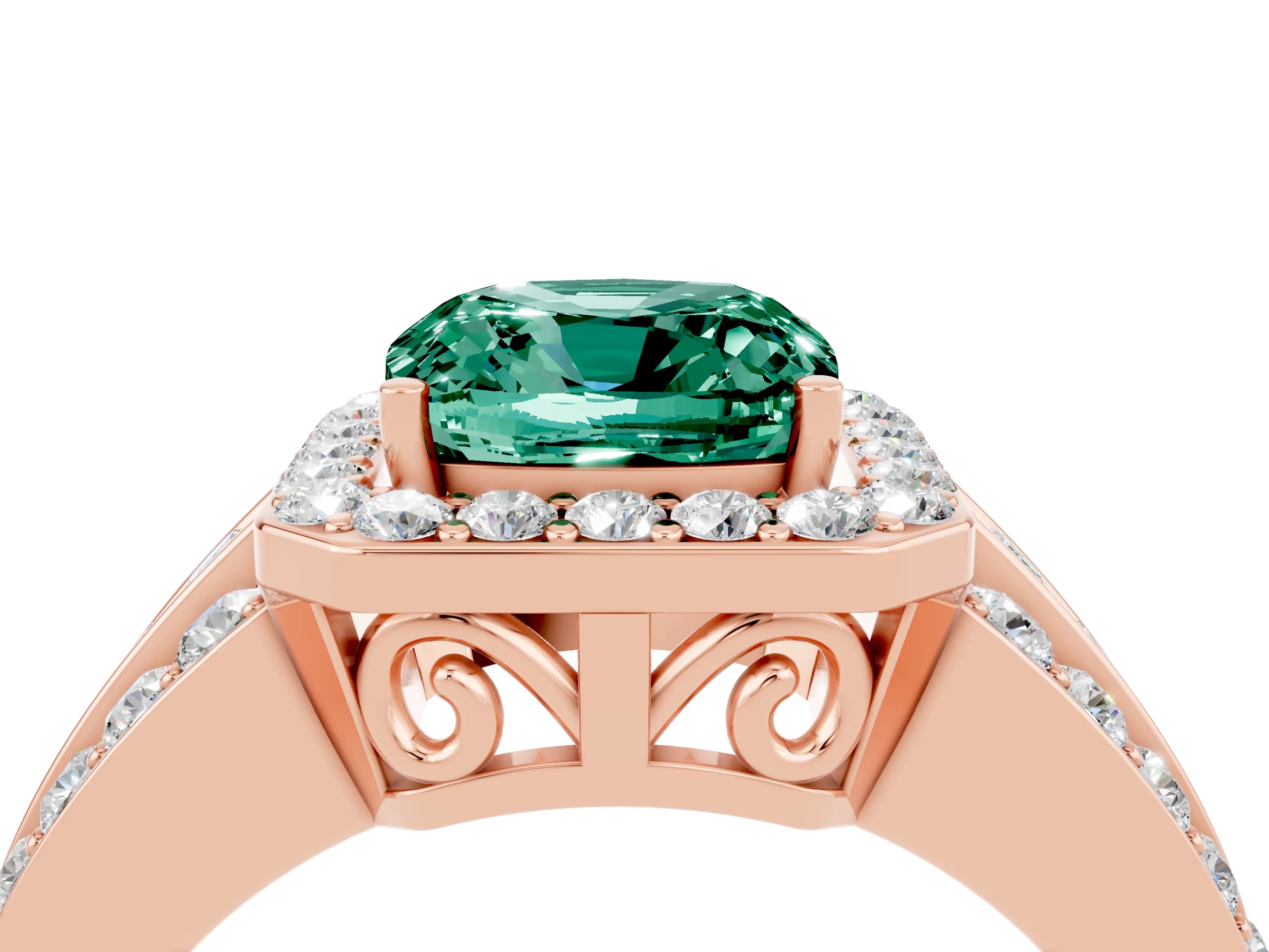Rose gold Cushion Cut Halo Green Sapphire Ring with Split Shank and Four-Prong Setting_4