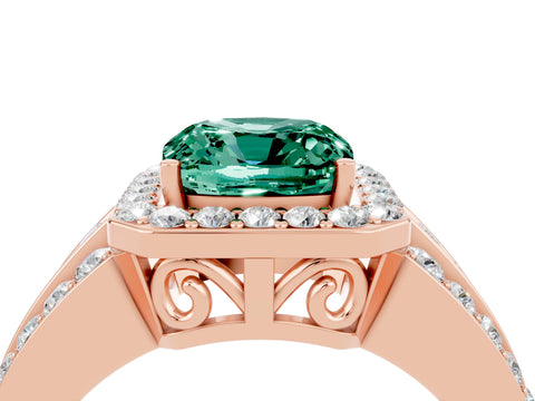 Rose gold Cushion Cut Halo Green Sapphire Ring with Split Shank and Four-Prong Setting_4