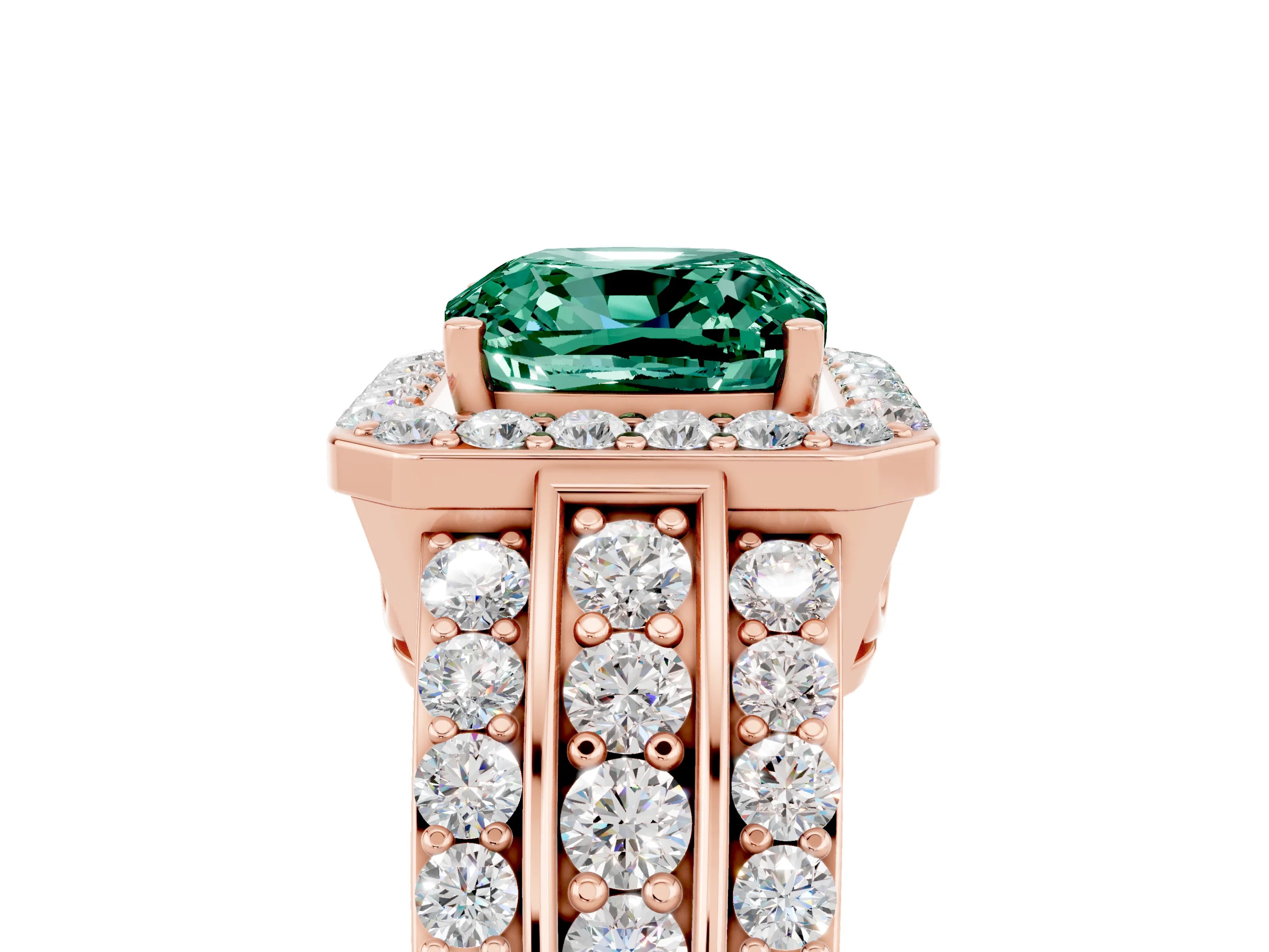 Rose gold Cushion Cut Halo Green Sapphire Ring with Split Shank and Four-Prong Setting_5