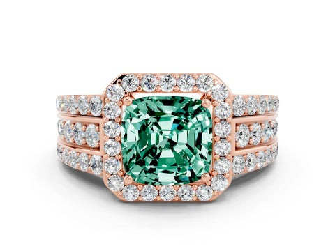 Rose gold Cushion Cut Halo Green Sapphire Ring with Split Shank and Four-Prong Setting