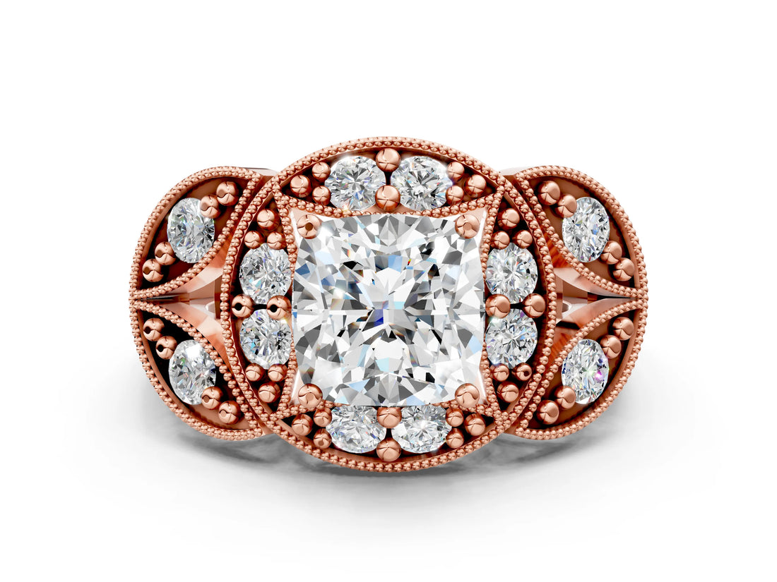 Rose gold Cushion Cut Halo Milgrain Diamond Engagement Ring with Leaf Band and Four-Prong Setting_3