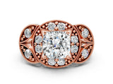 Rose gold Cushion Cut Halo Milgrain Diamond Engagement Ring with Leaf Band and Four-Prong Setting_3
