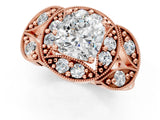 Rose gold Cushion Cut Halo Milgrain Diamond Engagement Ring with Leaf Band and Four-Prong Setting_4