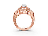 Rose gold Cushion Cut Halo Milgrain Diamond Engagement Ring with Leaf Band and Four-Prong Setting_6
