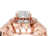 Rose gold Cushion Cut Halo Milgrain Diamond Engagement Ring with Leaf Band and Four-Prong Setting_7
