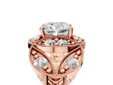 Rose gold Cushion Cut Halo Milgrain Diamond Engagement Ring with Leaf Band and Four-Prong Setting_8