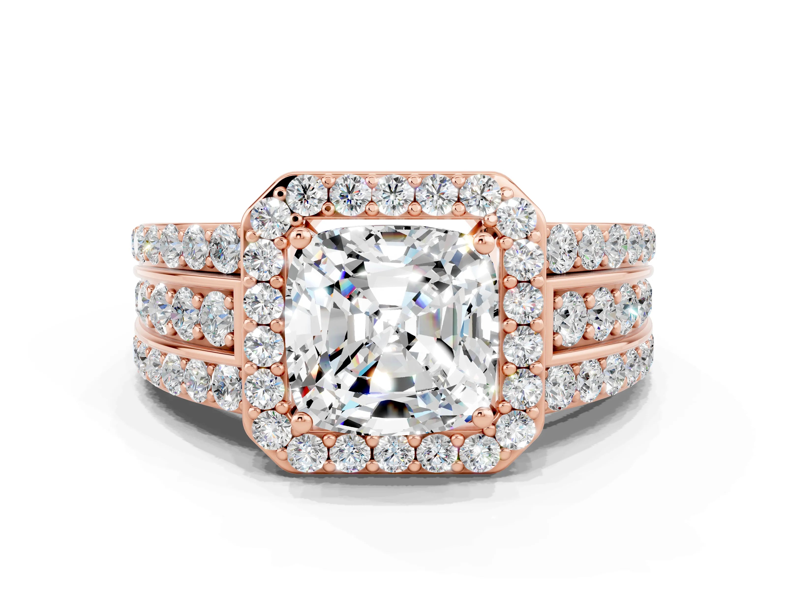 Rose gold Cushion Cut Halo Moissanite Ring with Split Shank and Four-Prong Setting