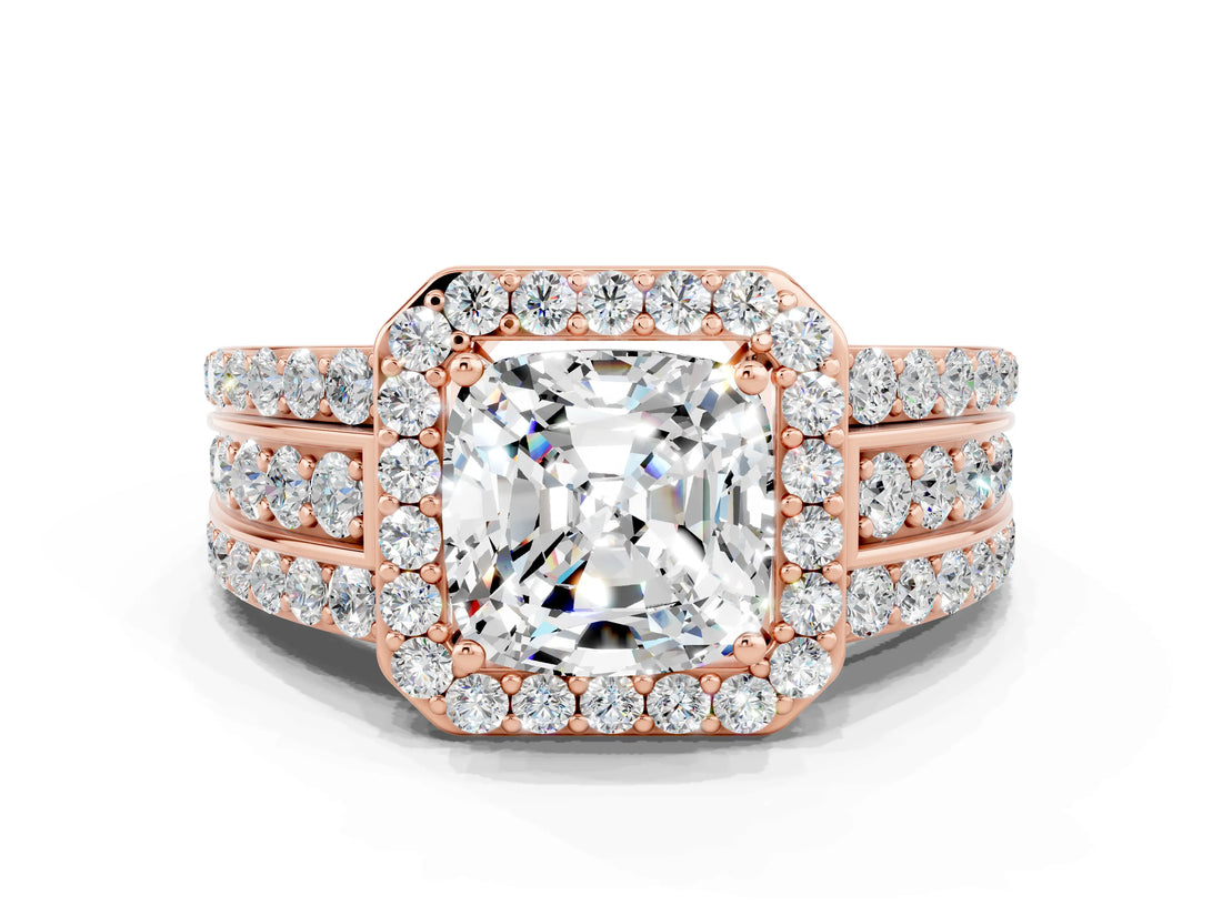 Rose gold Cushion Cut Halo Moissanite Ring with Split Shank and Four-Prong Setting