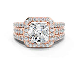 Rose gold Cushion Cut Halo Moissanite Ring with Split Shank and Four-Prong Setting