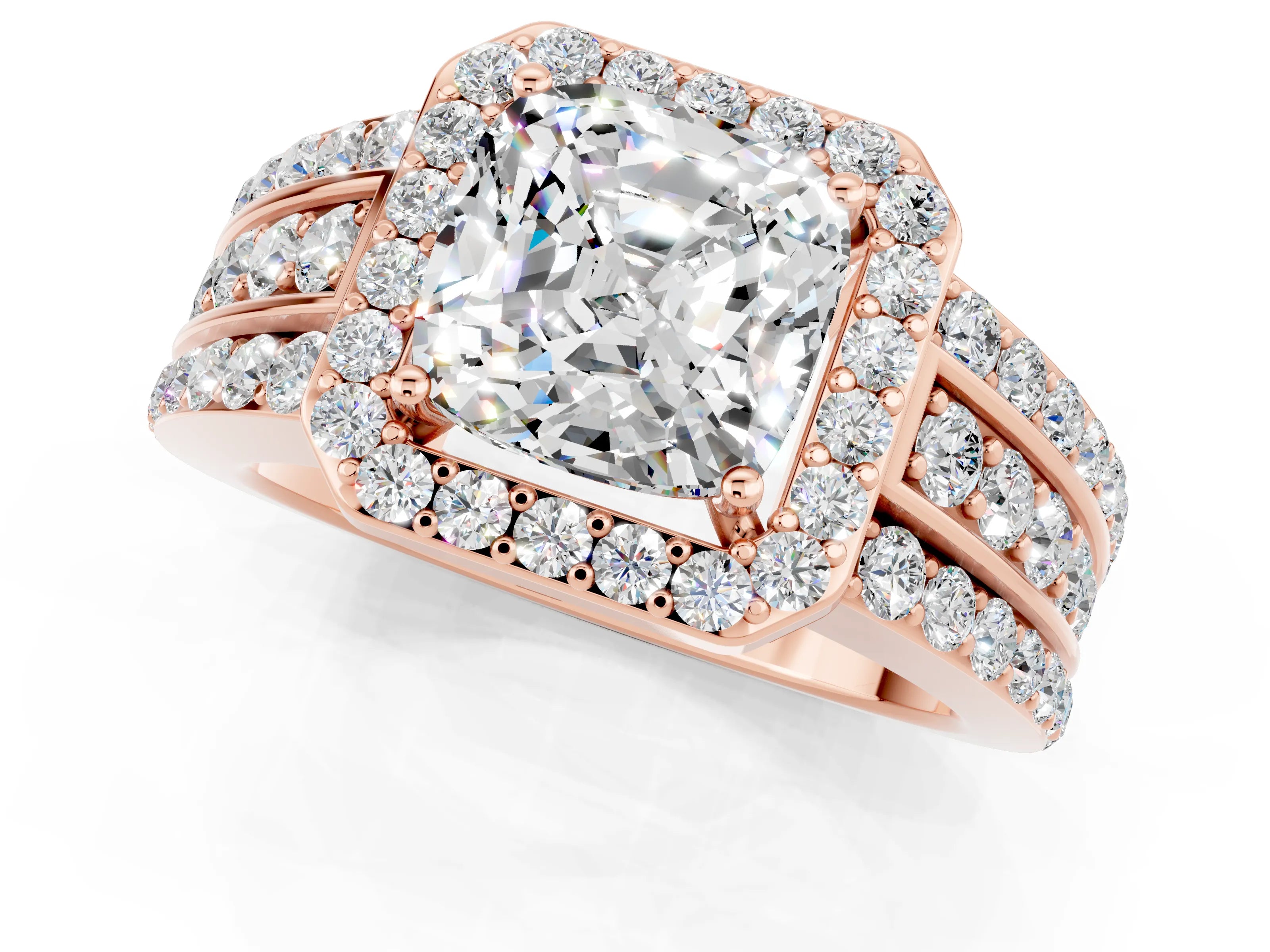 Rose gold Cushion Cut Halo Moissanite Ring with Split Shank and Four-Prong Setting_1