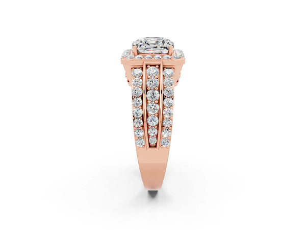 Rose gold Cushion Cut Halo Moissanite Ring with Round  Split Shank and Prong Setting
