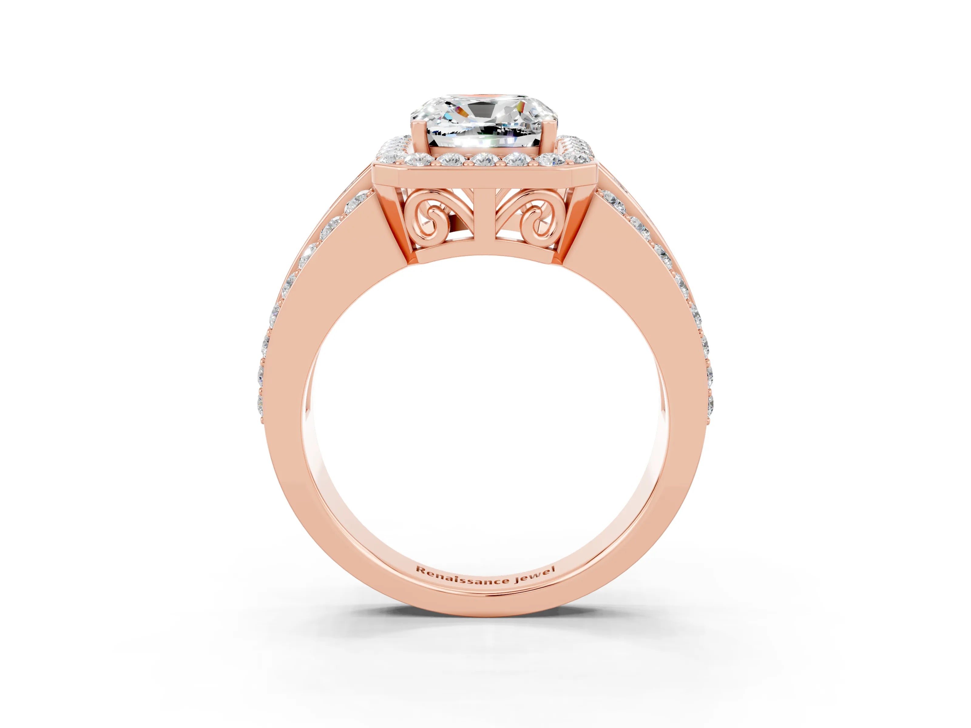 Rose gold Cushion Cut Halo Moissanite Ring with Split Shank and Four-Prong Setting_3