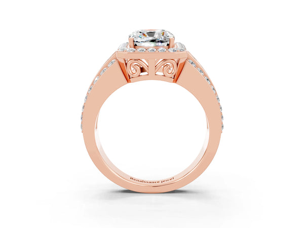 Rose gold Cushion Cut Halo Moissanite Ring with Round  Split Shank and Prong Setting