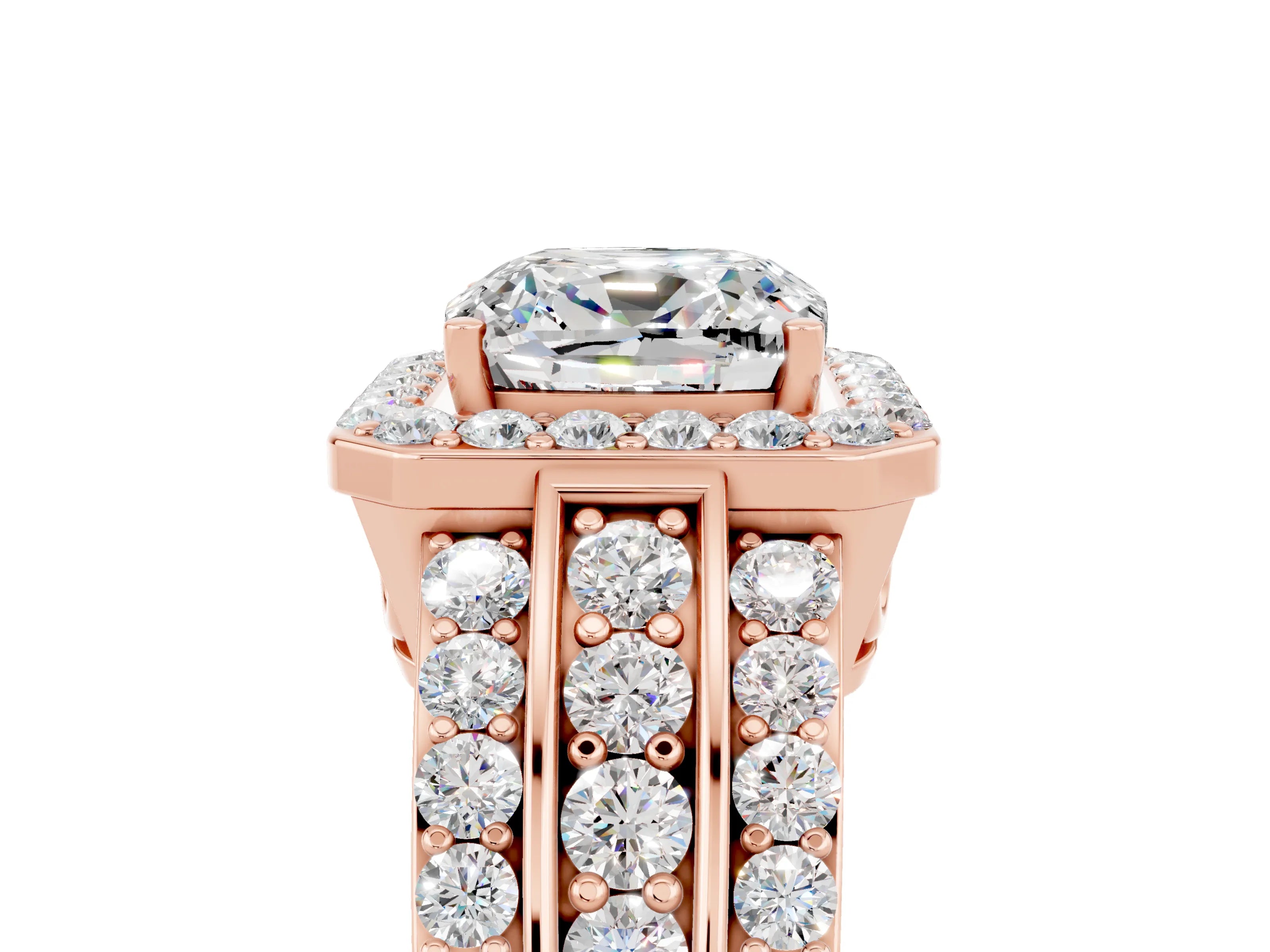 Rose gold Cushion Cut Halo Moissanite Ring with Split Shank and Four-Prong Setting_5