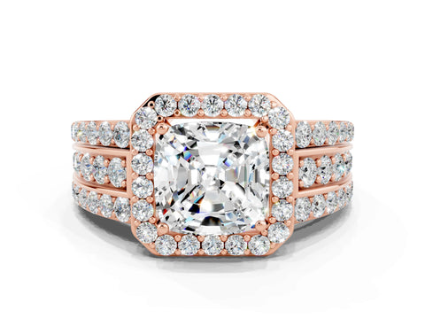 Rose gold Cushion Cut Halo Moissanite Ring with Split Shank and Four-Prong Setting