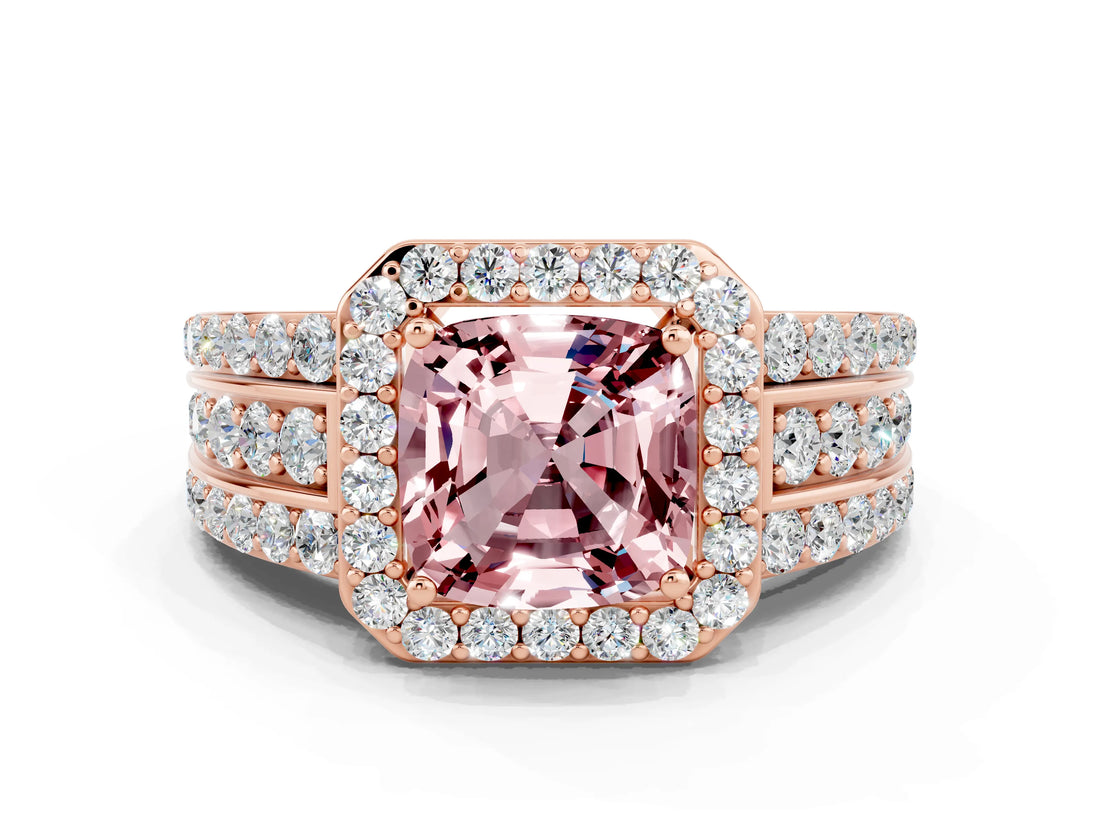 Rose gold Cushion Cut Halo Morganite Ring with Split Shank and Four-Prong Setting