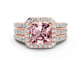 Rose gold Cushion Cut Halo Morganite Ring with Split Shank and Four-Prong Setting