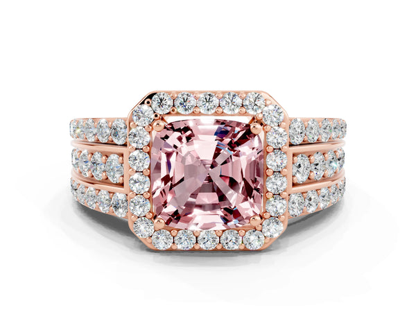 Rose gold Cushion Cut Halo Morganite Ring with Round  Split Shank and Prong Setting