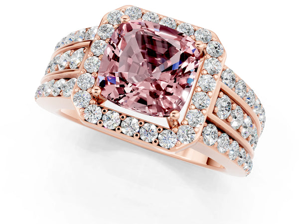 Rose gold Cushion Cut Halo Morganite Ring with Round  Split Shank and Prong Setting