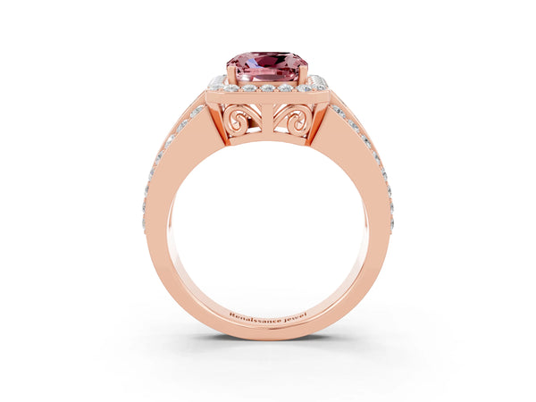 Rose gold Cushion Cut Halo Morganite Ring with Round  Split Shank and Prong Setting