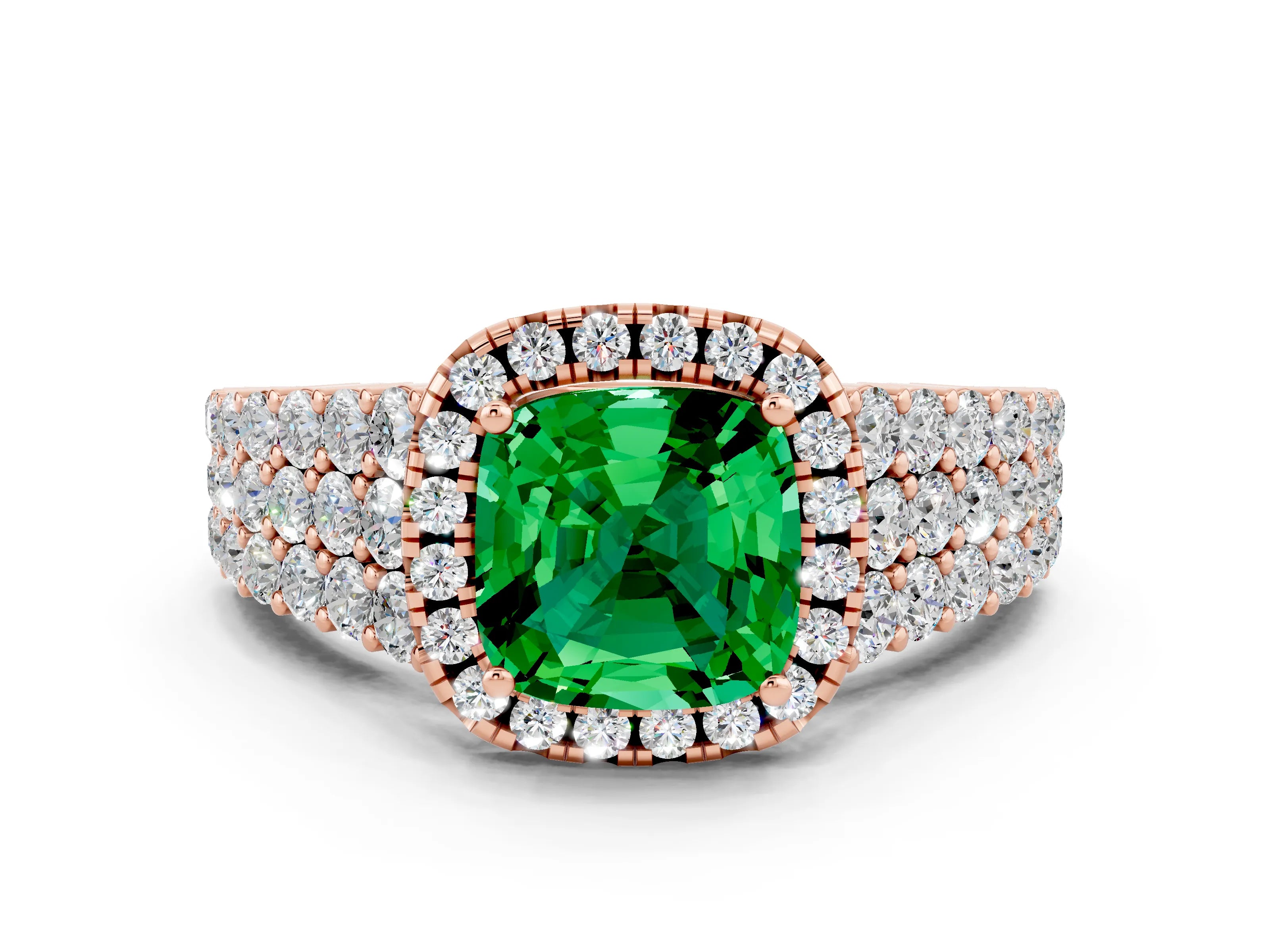 Rose gold Cushion Cut Halo Pavé Diamond Engagement Ring with Split Shank and Four-Prong Setting