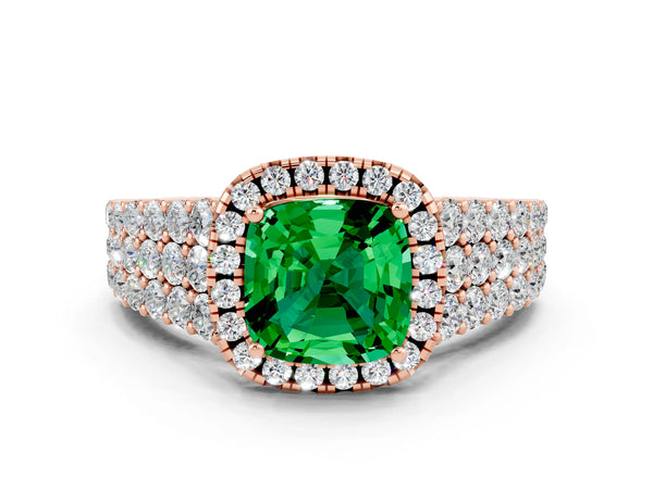 Rose gold Cushion Cut Emerald Halo Engagement Ring with Triple Row Round Pavé Band and Prong Setting