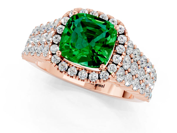 Rose gold Cushion Cut Emerald Halo Engagement Ring with Triple Row Round Pavé Band and Prong Setting