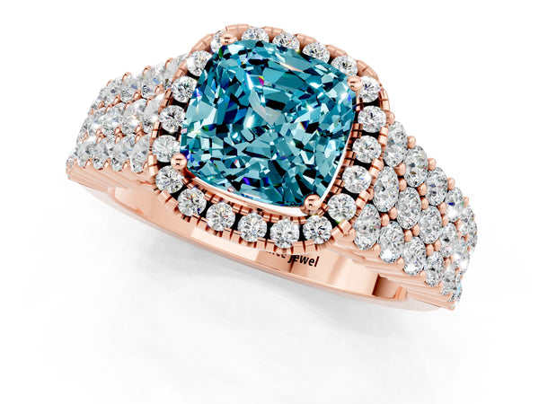Rose gold Cushion Cut Halo Pavé Diamond Engagement Ring with Split Shank and Four-Prong Setting