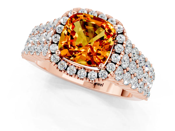 Rose gold Cushion Cut Citrine Halo Engagement Ring with Triple Row Round Pavé Band and Prong Setting