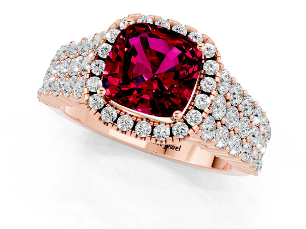Rose gold Cushion Cut Garnet Halo Engagement Ring with Triple Row Round Pavé Band and Prong Setting