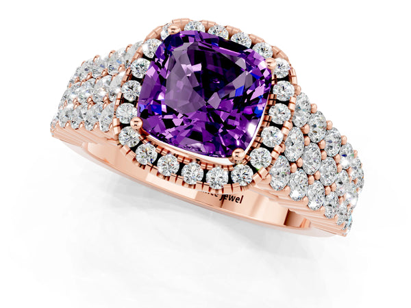 Rose gold Cushion Cut Amethyst Halo Engagement Ring with Triple Row Round Pavé Band and Prong Setting