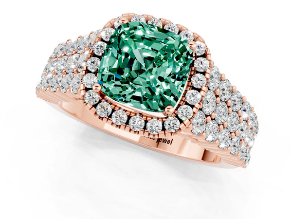 Rose gold Cushion Cut Green Sapphire Halo Engagement Ring with Triple Row Round Pavé Band and Prong Setting