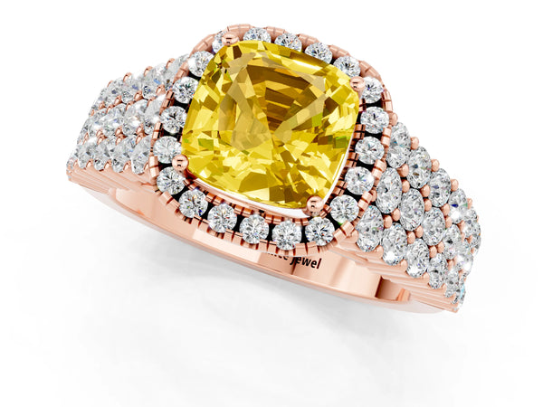 Rose gold Cushion Cut Yellow Sapphire Halo Engagement Ring with Triple Row Round Pavé Band and Prong Setting