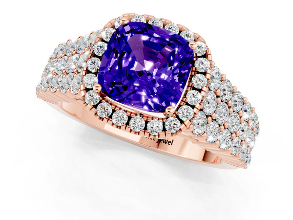 Rose gold Cushion Cut Tanzanite Halo Engagement Ring with Triple Row Round Pavé Band and Prong Setting