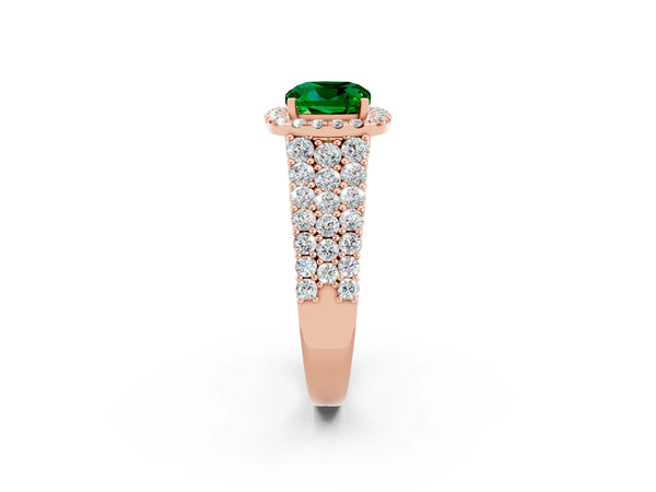 Rose gold Cushion Cut Emerald Halo Engagement Ring with Triple Row Round Pavé Band and Prong Setting