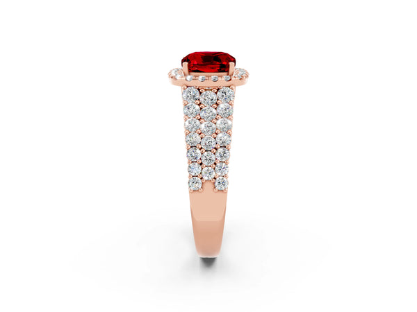 Rose gold Cushion Cut Halo Pavé Diamond Engagement Ring with Split Shank and Four-Prong Setting