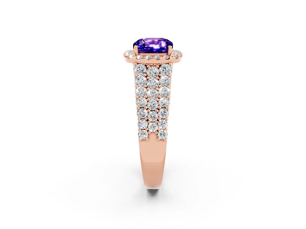Rose gold Cushion Cut Tanzanite Halo Engagement Ring with Triple Row Round Pavé Band and Prong Setting