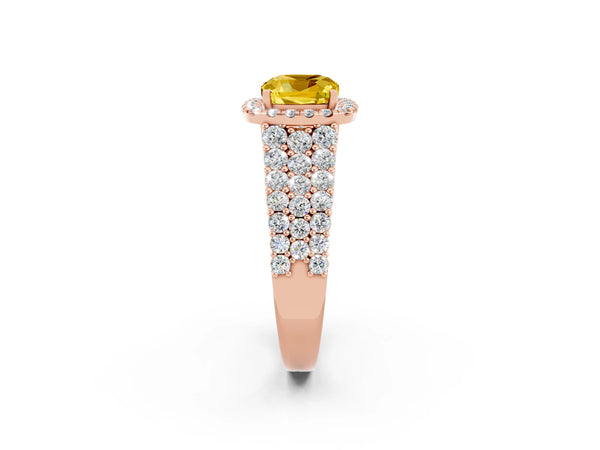 Rose gold Cushion Cut Yellow Sapphire Halo Engagement Ring with Triple Row Round Pavé Band and Prong Setting