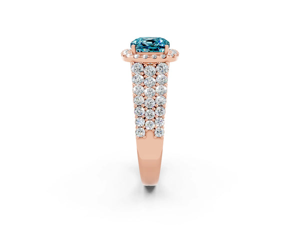 Rose gold Cushion Cut Halo Pavé Diamond Engagement Ring with Split Shank and Four-Prong Setting