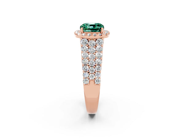 Rose gold Cushion Cut Green Sapphire Halo Engagement Ring with Triple Row Round Pavé Band and Prong Setting
