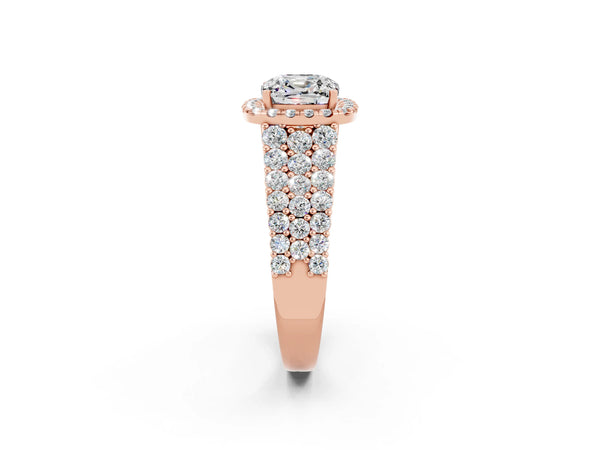 Rose gold Cushion Cut Moissanite Halo Engagement Ring with Triple Row Round Pavé Band and Prong Setting